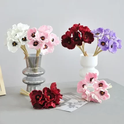 Charming 29CM PU Poppy Flower Bouquet: 5 Hand-Tied Silk Poppies for Stunning Home Decor and Floral Arrangements - Alienestic Home Decor