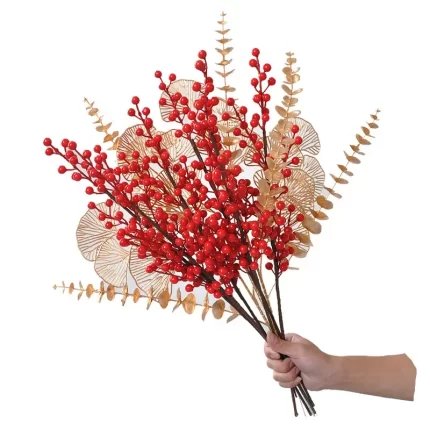 85CM Artificial Gold Eucalyptus: Elegant Ginkgo Leaf and Red Fruit Decor for Christmas and New Year - Alienestic Home Decor