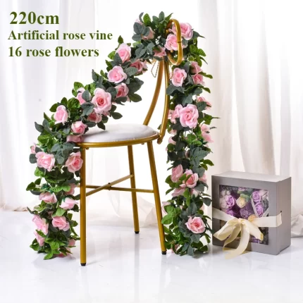 Wrap Yourself in Romance: 220cm Artificial Rose Vine with 16 Blooms for Enchanting Decor - Alienestic Home Decor