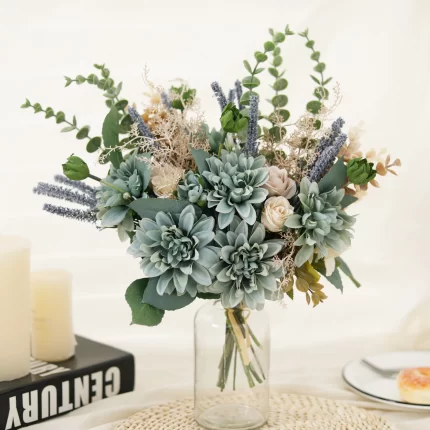 Vibrant Teal Artificial Dahlia and Eucalyptus Leaves: Stunning Fake Floral for Home Arrangements, Garden Parties, and Vase Decor - Alienestic Home Decor